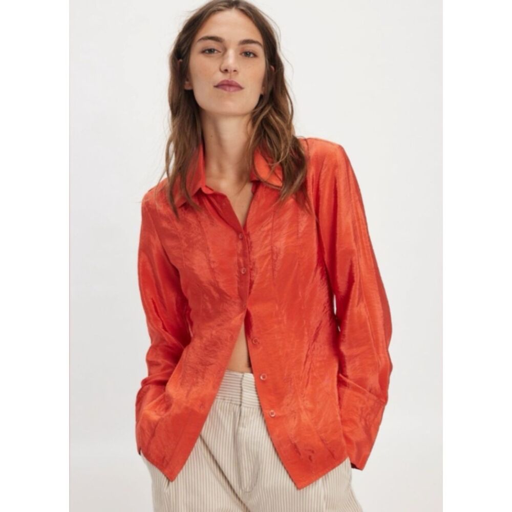 Free People Something Silky Shirt Cherry Tomato Red Shimmer XS NWT